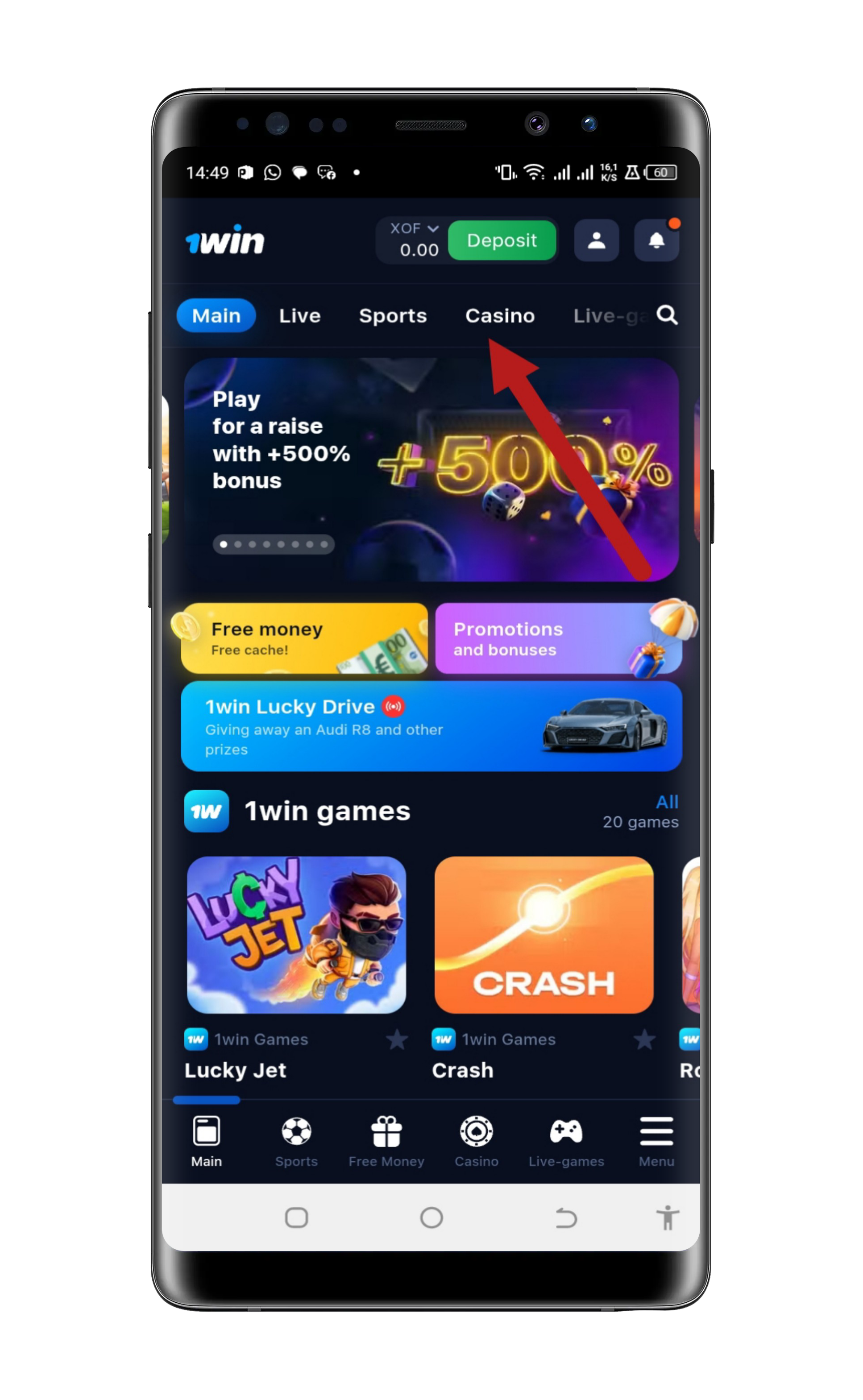 Tap on the Casino Menu