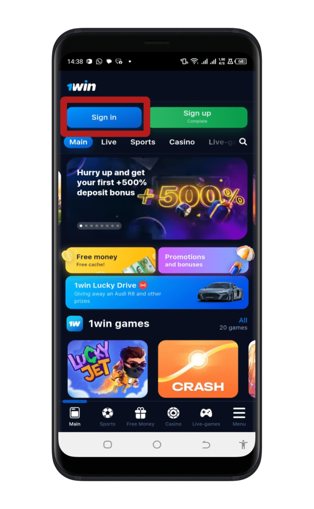 Log in to your account on the 1win apk