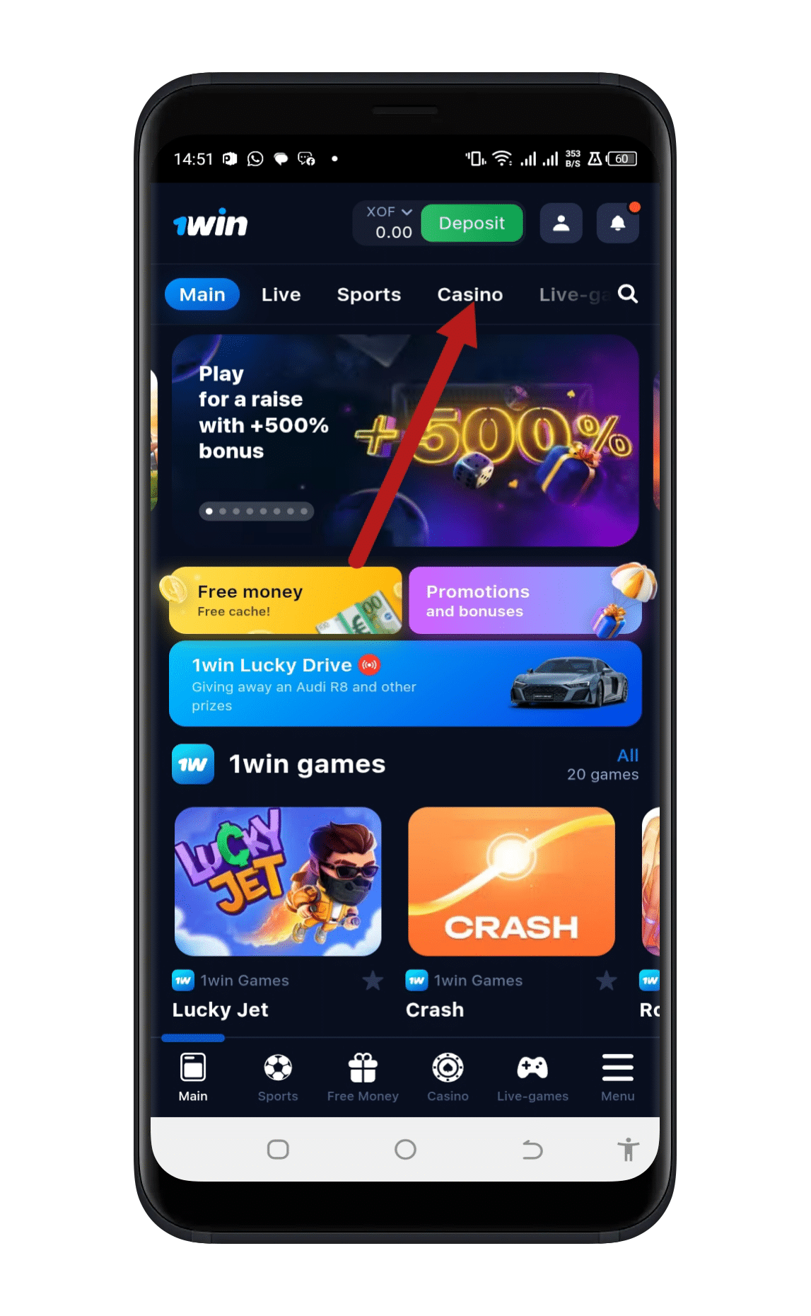 Tap the casino menu at the bottom of the homepage