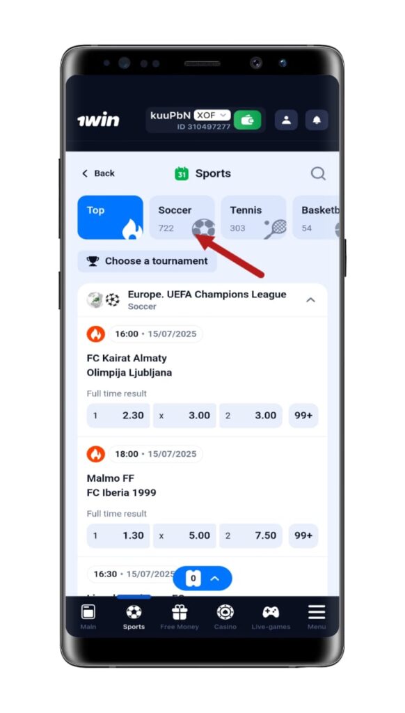 Navigate to the ‘Soccer’ section